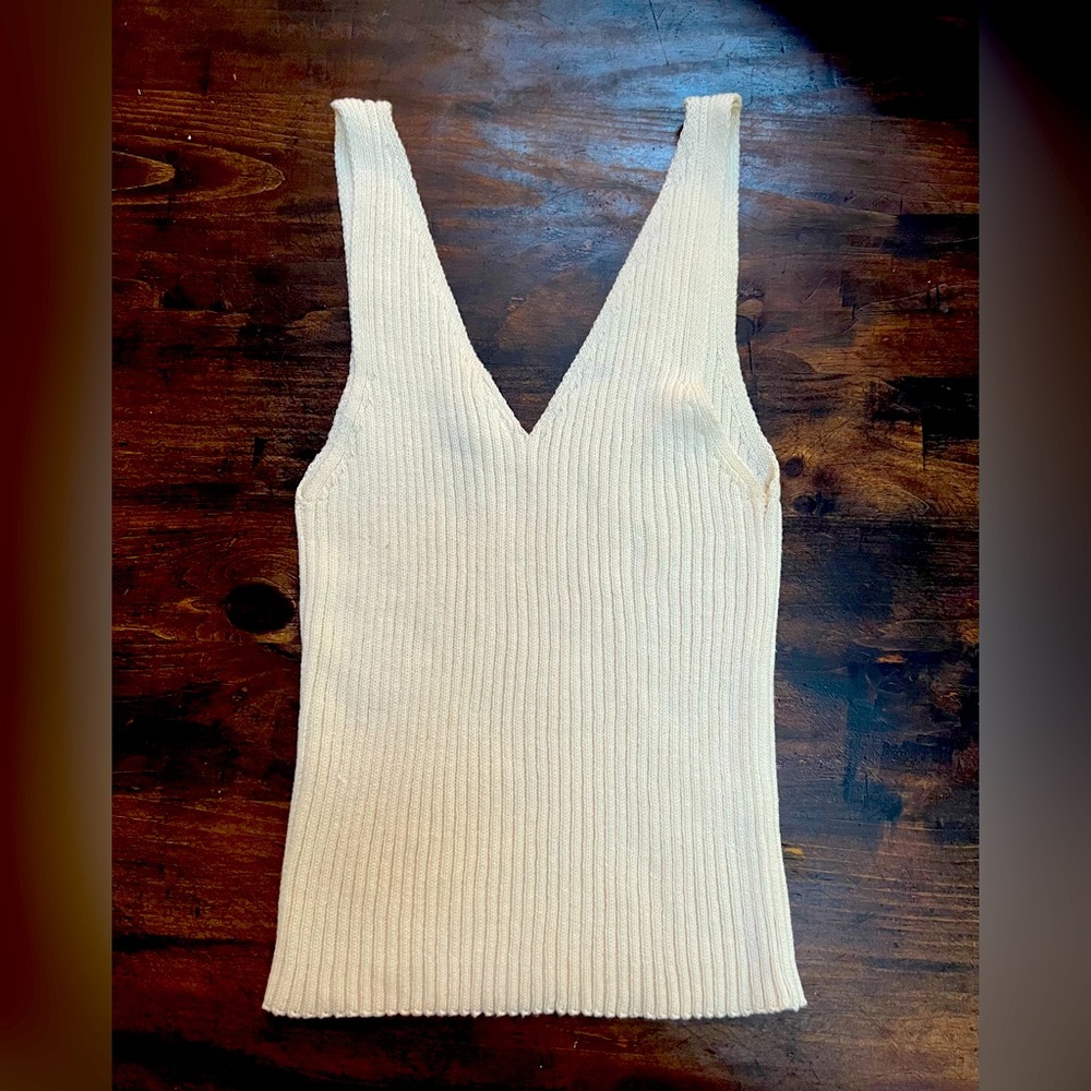 Essentials Ribbed Cream V-Neck Knit Tank Sweater